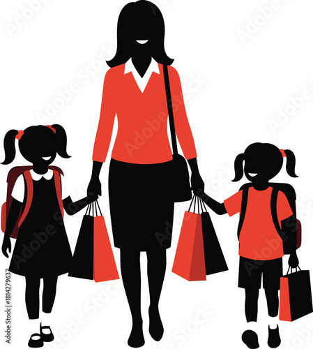 Stylized vector illustration of woman and two children shopping together, wearing red and black outfits with bags and backpacks