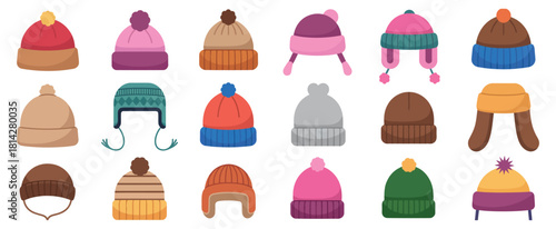 Baby knitted hat icons set, warm winter hats collection showcasing cozy, soft, and stylish knit caps for infants and toddlers during cold winter weather
