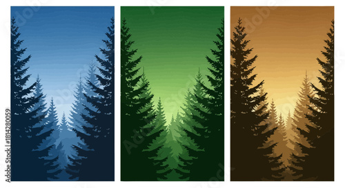 Three nature forest landscapes in diverse color palettes providing graphic resource