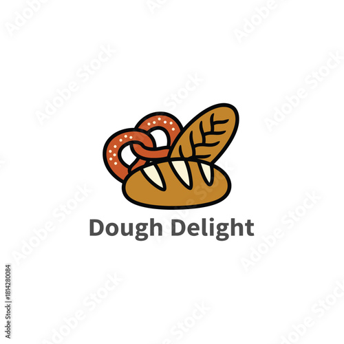 A warm, inviting bakery logo featuring a loaf of bread, a pretzel, and a wheat leaf, symbolizing handcrafted baked goods and the comforting joy of fresh dough delights.