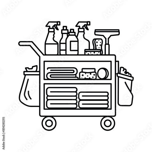 Cleaning cart filled with various supplies, including sprays, towels, and sponges, ready for housekeeping