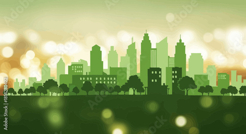 Green city skyline silhouette with bokeh lights, representing sustainable urban living