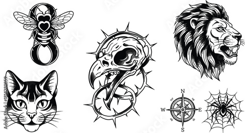 Tattoo style animal skull compass lion spider web bee cat illustration, black and white ink drawing, vintage gothic design