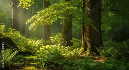 Enchanting forest scene with sunlit trees and lush green foliage illustration