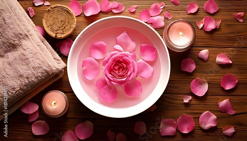 Rose Petal Spa Relaxation with Candles, Towels, and Aromatherapy Bowl