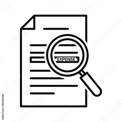 Expense report document with magnifying glass isolated on, representing financial analysis
