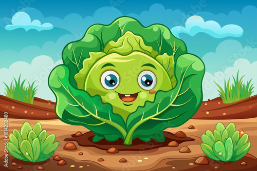 Bright green lettuce head expanding in rich moist soil with crisp leaves catching soft light