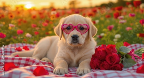 Cute Labrador Puppy Wearing Heart Shaped Glasses Lying on Picnic Blanket in Flower Field at Sunset