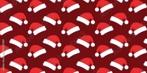 Festive seamless pattern of classic red and white Santa Claus hats on a deep red background. Ideal for Christmas, winter holiday designs, wrapping paper, fabric, and digital backgrounds.