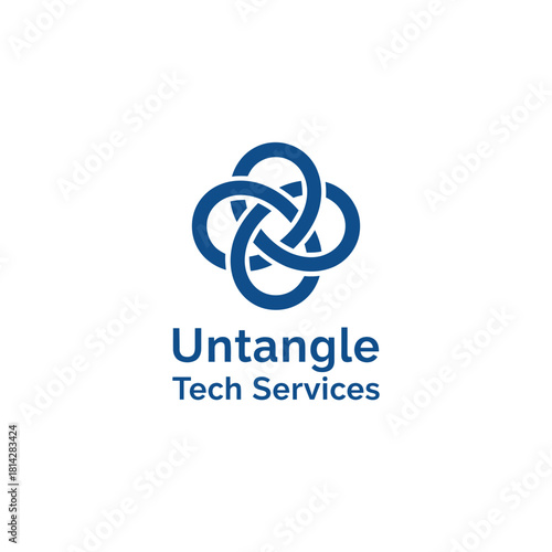 A modern logo featuring an interwoven knot symbol in blue, representing clarity, connection, and smart problem-solving solutions offered by Untangle Tech Services.