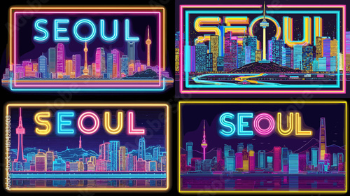 A vibrant neon Seoul skyline illustration featuring modern buildings and glowing city lights. Ideal for travel posters, futuristic artwork, nightlife themes, and urban design.