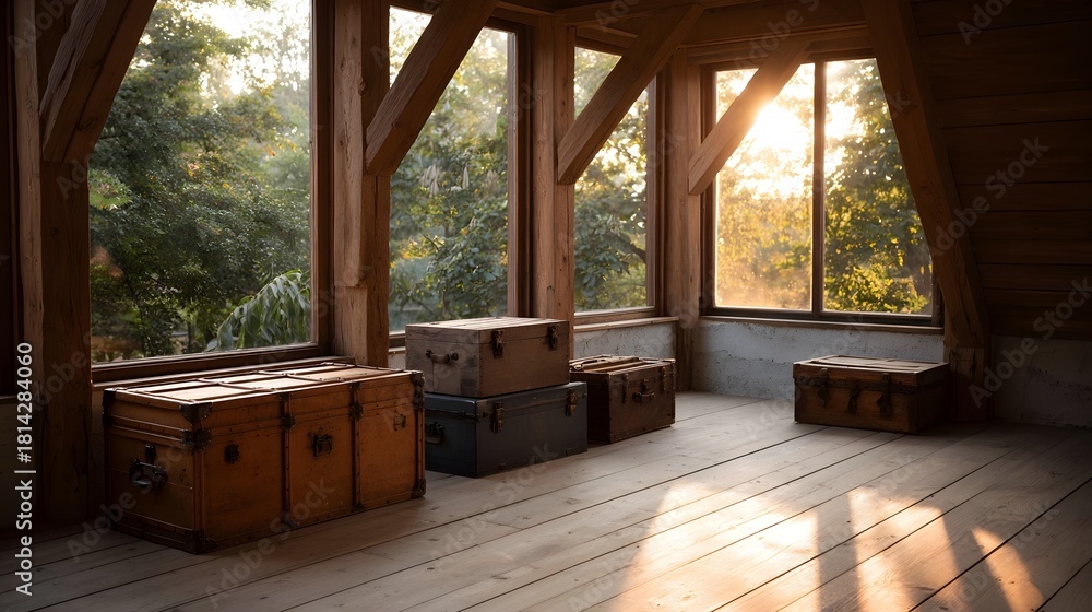 Obraz premium Rustic attic room with vintage trunks bathed in golden hour sunlight