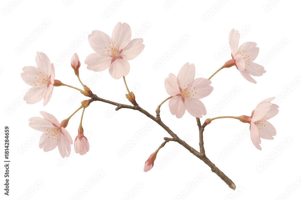 Fototapeta premium Cherry blossom branch blooming, showing pink sakura flowers and buds on transparent background, symbolizing spring