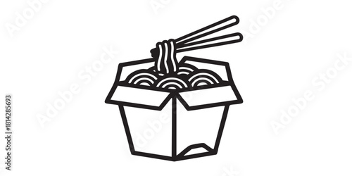 Noodles with chopsticks line icon, japanese food concept. Vector graphics. Cardboard box with noodles, fastfood sign on white background, style icon mobile or web design