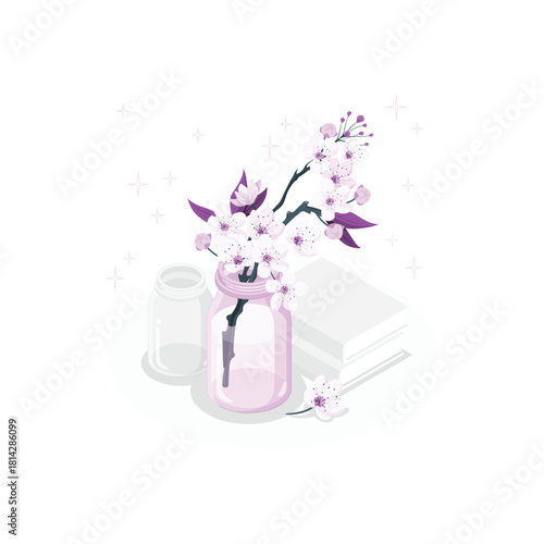 Cherry Blossom Branch in Glass Jar and Books Pastel Vector Illustration