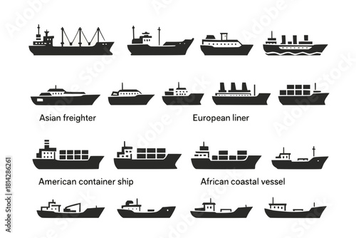 Cargo Ship Regional Icons with Asian Freighters, European Liners, American Container Ships and African Coastal Vessels in Black Silhouette Style on White Background