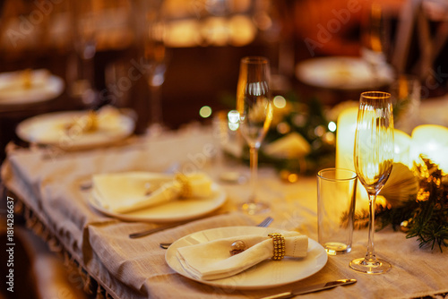 Photography Elegant dining table set for a festive celebration, adorned with fine china, spa