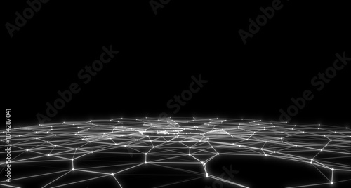 Perspective grid of lines and dots. Network or connection. Abstract digital background of points and lines. Glowing plexus. Big data. Abstract technology science background. 3d rendering.