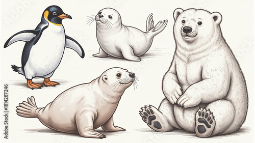 Set of arctic animals illustrations including a penguin seals and polar bear vector design elements isolated on white background