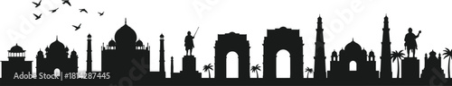 India skyline silhouette, Taj Mahal, Qutub Minar, India Gate, historic monuments, cultural landmarks, national heritage, travel iconography, vector skyline illustration