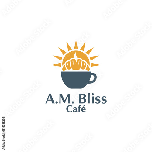 A.M. Bliss Café logo with a sunrise, croissant, and coffee cup symbolizing warm mornings, fresh pastries, and comforting brews.