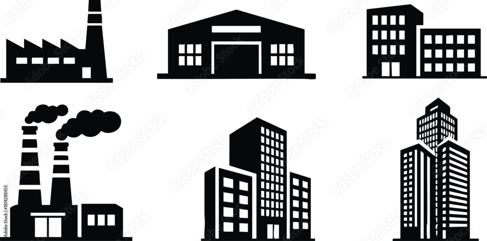 Obraz premium Industrial factory and modern building icons vector set for urban and construction design projects