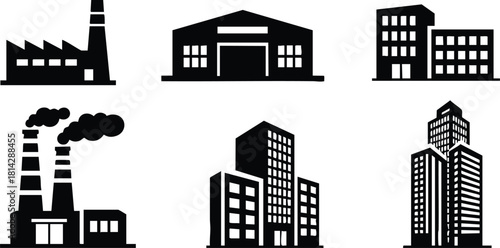 Industrial factory and modern building icons vector set for urban and construction design projects