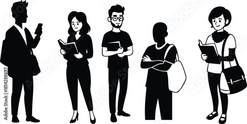 Diverse group of people reading and using phones in casual poses vector illustration