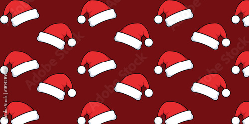 Festive seamless pattern of classic red and white Santa Claus hats on a deep red background. Ideal for Christmas, winter holiday designs, wrapping paper, fabric, and digital backgrounds.