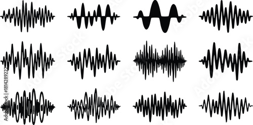 Sound wave collection audio frequency signal vector illustration in black silhouette style