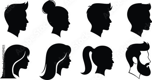 Male and female profile silhouettes collection vector set with diverse hairstyles and facial hair styles