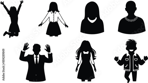 Silhouettes of diverse joyful people jumping and posing in various happy gestures vector illustration