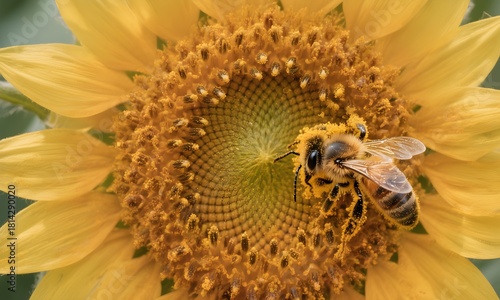 Macro Sunflower with Bee and Pollen