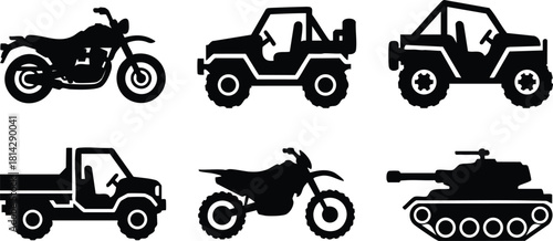 Military and civilian vehicles icons including motorcycle jeep pickup truck and tank vector silhouette set