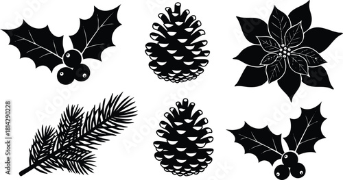 Christmas pine cones holly leaves and poinsettia flower black silhouette vector illustration set