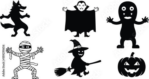 Halloween characters vector set with werewolf, vampire, zombie, mummy, witch, and pumpkin icons in black silhouette style