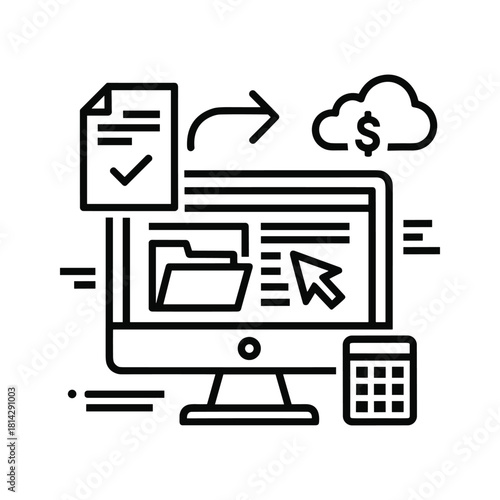 Online tax filing concept with computer, document, cloud, and calculator isolated on