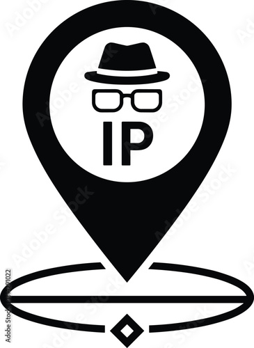 IP tracking icon with incognito hat and glasses, location pin target, internet privacy symbol, cybersecurity geolocation marker, anonymous IP locator vector