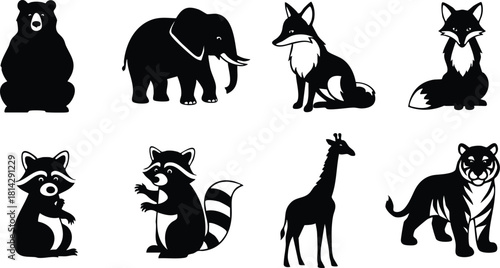 Wild animal silhouettes collection including bear elephant fox raccoon giraffe tiger vector illustration