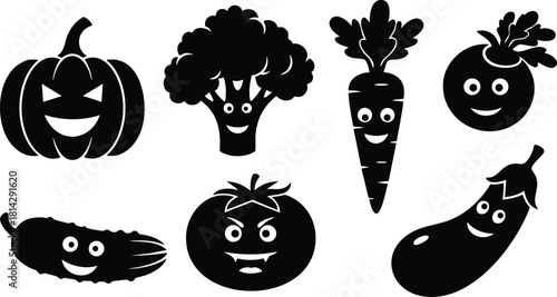 Vector illustration of black silhouette funny cartoon vegetables with faces pumpkin broccoli carrot tomato cucumber eggplant smiling