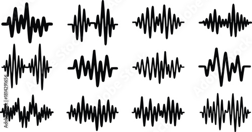 Sound wave icons set with various audio waveform designs for music and voice visualization vector illustration