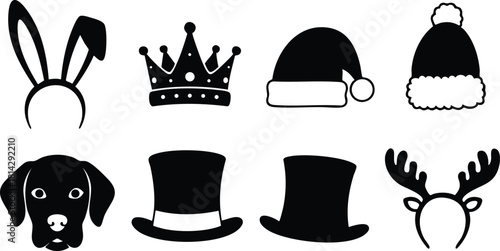 Black and white festive costume hats and dog face vector illustrations including crown, santa hats, top hats, antlers, bunny ears