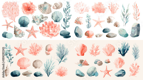 Soft watercolor coral, shells, stones, and marine plants in pastel hues. Ideal for coastal artwork, underwater themes, beach decor, and ocean inspired design elements.