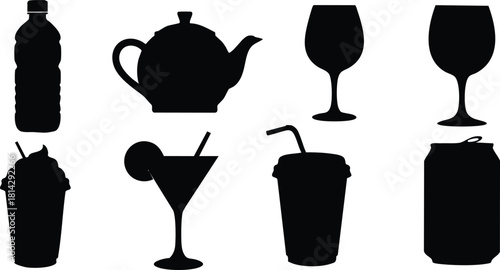 Beverage container silhouettes including bottle, teapot, wine glass, cocktail glass, cup, and can vector illustration