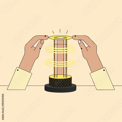 Hands manipulating a futuristic energy device with glowing rings