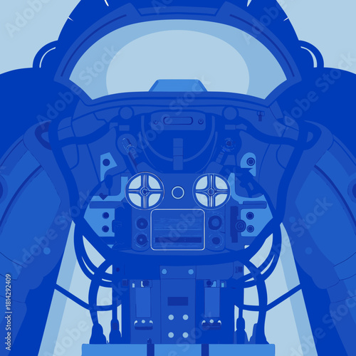 Inside a futuristic blue robot cockpit with complex controls