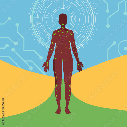 Human body acupressure points and futuristic technology display