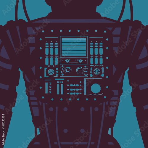 Intricate back panel of a retro sci fi robot