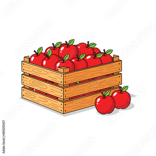 Fresh Red Apples in Wooden Crate Harvest Fruit Illustration
