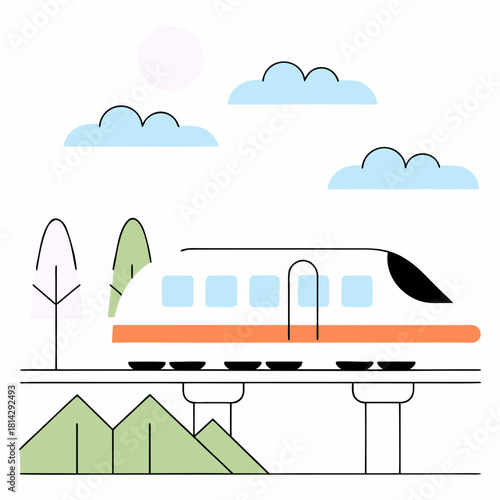 Modern train traveling on elevated tracks through a scenic landscape